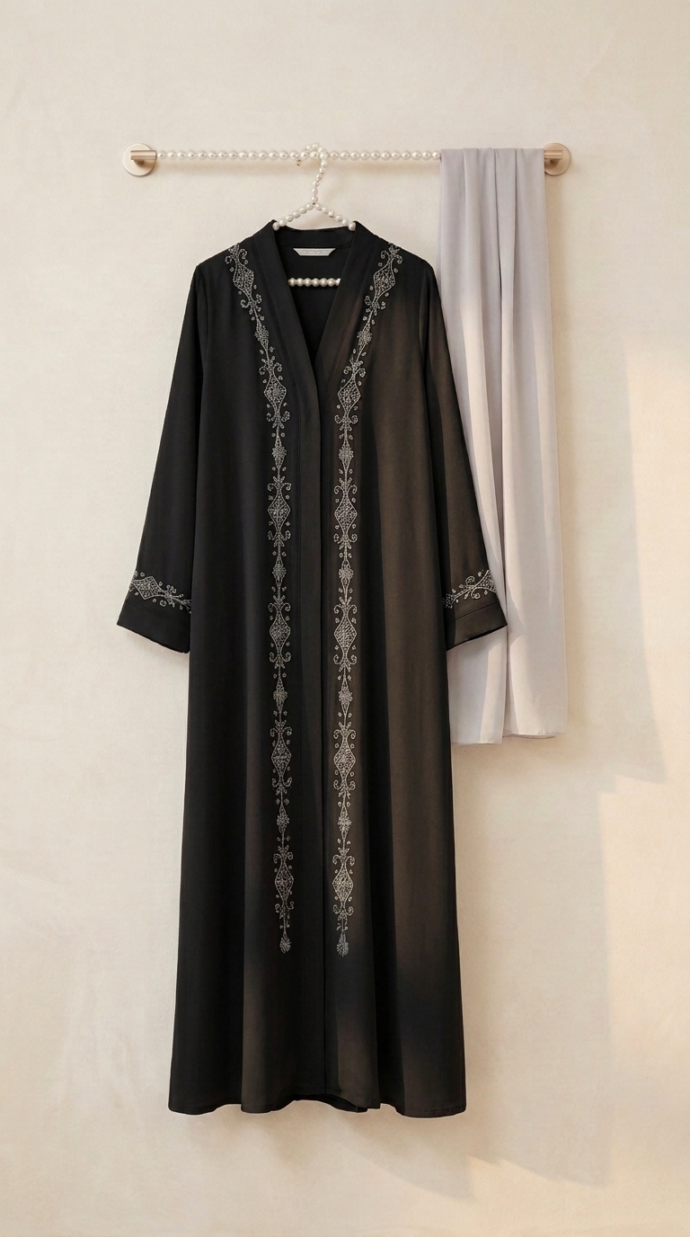 The Noir Embroidered Moti-Work Crepe Abaya