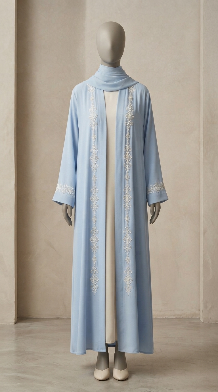 The Céleste Azure & Pearl-Trimmed Duo Ensemble Abaya angle 3
