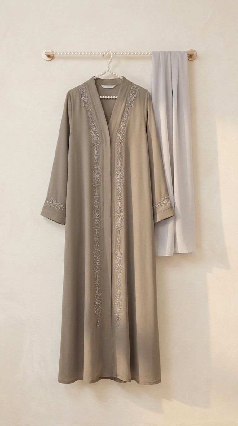 The Sand Tone Embroidered Moti-Work Crepe Abaya